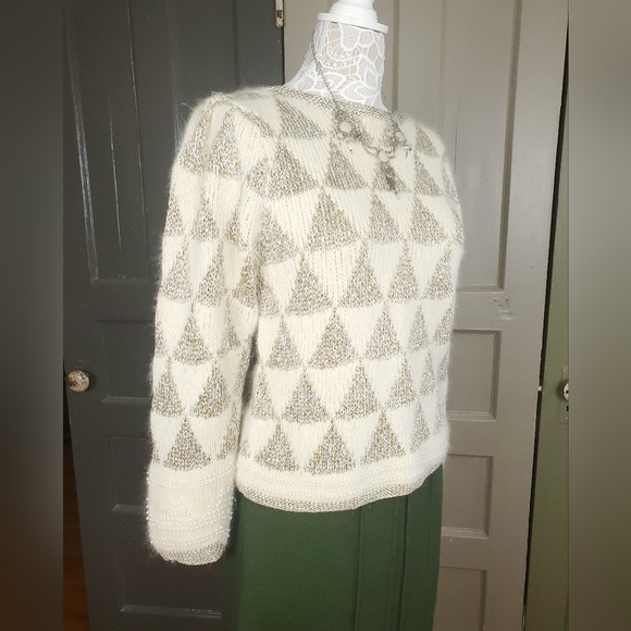 Ann Katrine Gold Silver Cream Vintage Sweater Pearl Details Wool Angora Small - Picture 1 of 12